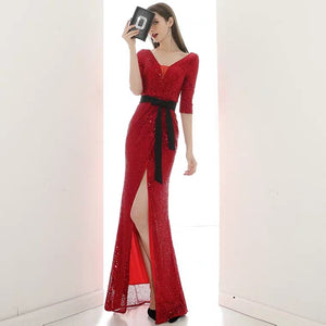 The Lavinia Long Sleeves Red Sequined Gown - WeddingConfetti