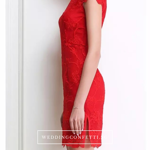 The Elidia Red Oriental Lace Mandarin Collar Qipao Dress - WeddingConfetti