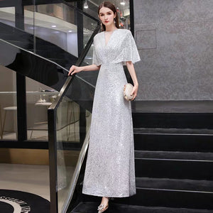 The Rayna Silver Sequined Draped Sleeves Gown (Available in 2 colours) - WeddingConfetti