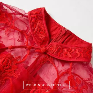 The Elidia Red Oriental Lace Mandarin Collar Qipao Dress - WeddingConfetti