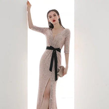 Load image into Gallery viewer, The Lavinia Long Sleeves Gold Sequined Gown - WeddingConfetti