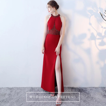 Load image into Gallery viewer, The Rolinda Red Halter Gown With Slit - WeddingConfetti