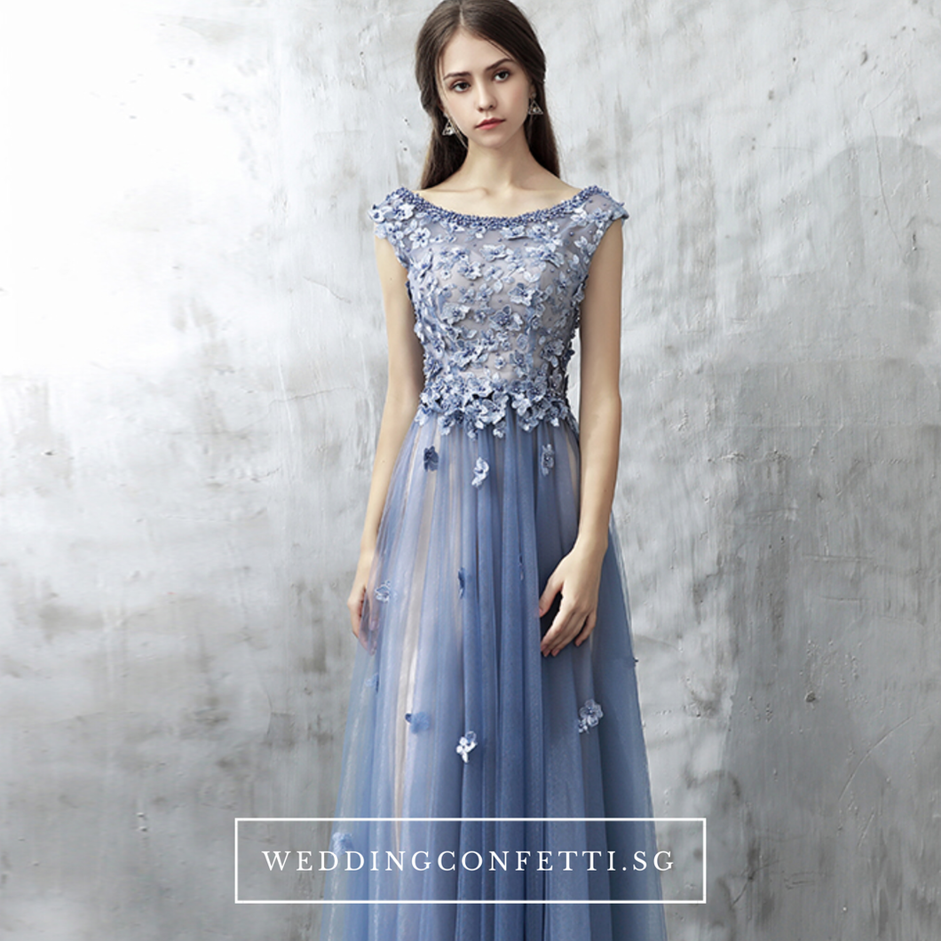 The Christina Blue Lace Cap Sleeves Dress - WeddingConfetti