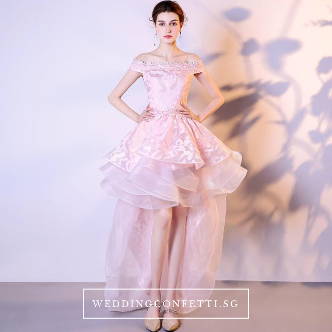 The Felicia Pink High Low Off Shoulder Dress - WeddingConfetti