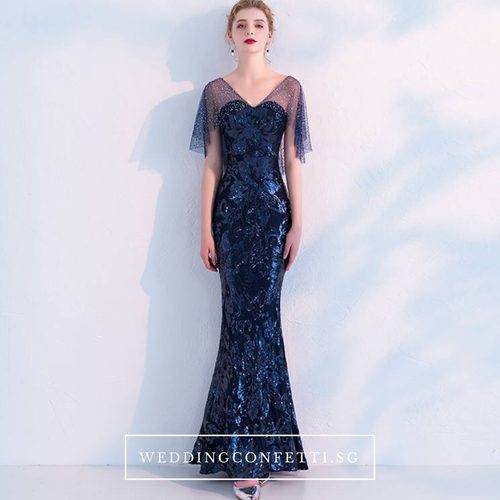 The Tina Blue Cape Sleeve  Gown - WeddingConfetti