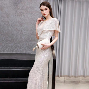 The Reysel Short Sleeves Sequined Sliver Gown - WeddingConfetti