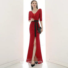 Load image into Gallery viewer, The Lavinia Long Sleeves Red Sequined Gown - WeddingConfetti