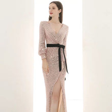Load image into Gallery viewer, The Lavinia Long Sleeves Gold Sequined Gown - WeddingConfetti