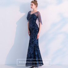 Load image into Gallery viewer, The Tina Blue Cape Sleeve  Gown - WeddingConfetti