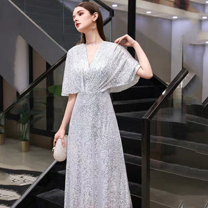The Rayna Silver Sequined Draped Sleeves Gown (Available in 2 colours) - WeddingConfetti