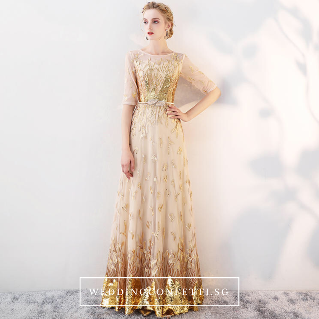 Gold evening sale gown with sleeves