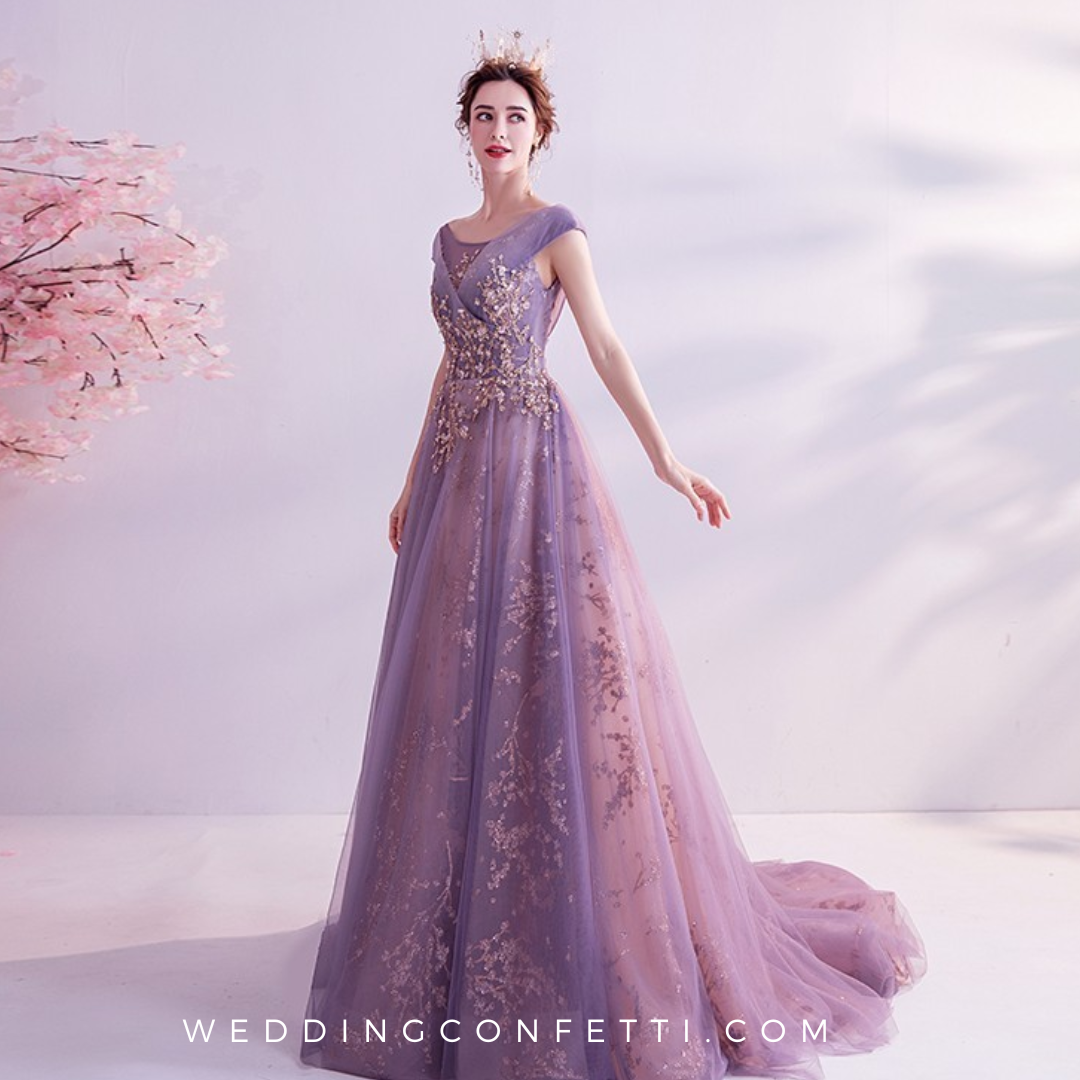 Purple and 2025 gold prom dress