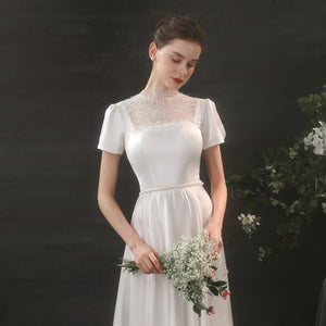 The Megan Wedding Bridal Short Sleeves Satin Gown