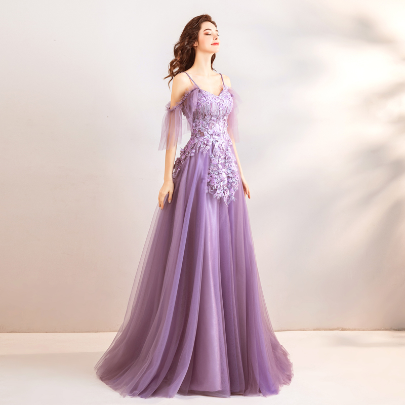 Purple long 2025 sleeve evening gown
