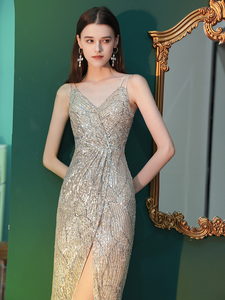 The Pera Sequined Silver Sleeveless Gown