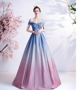 The Kyria Off Shoulder Blue Pink Ombre Gown